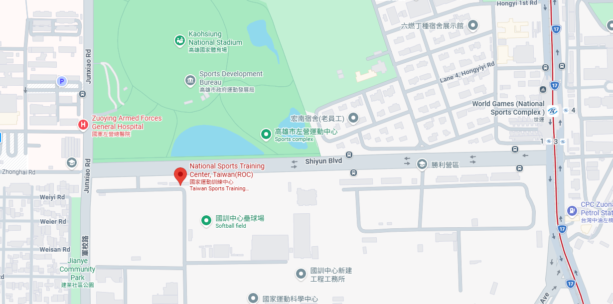 Map showing Taiwan Sports Training Center on Shiyun Boulevard in Kaohsiung